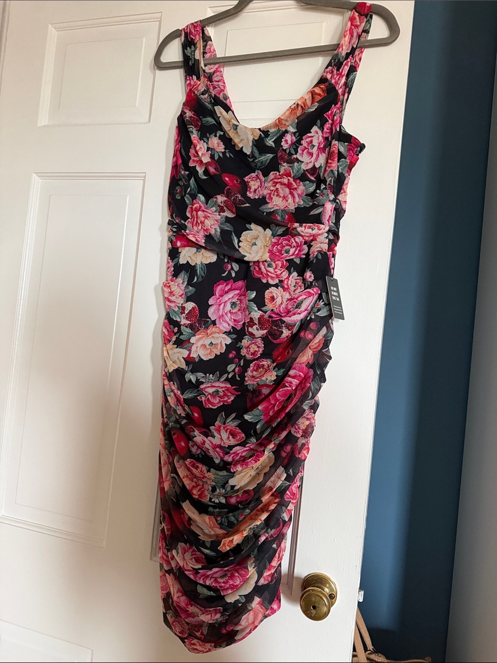 Express Black Floral Ruched Mini Dress with Pink & Cream Blooms